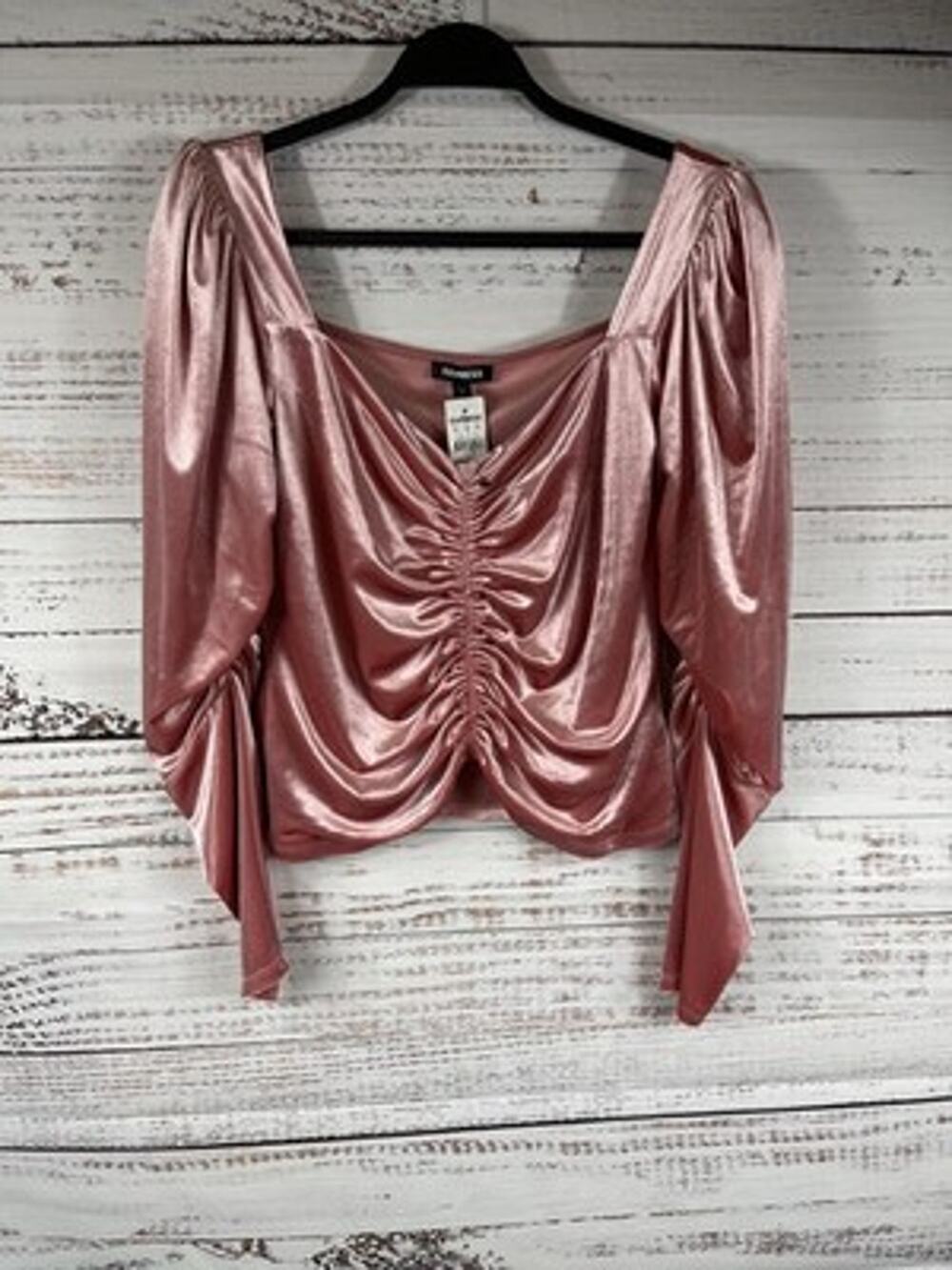 Express Top Womens M Pink Velour Square Neck Ruched Balloon Sleeve Party Blouse